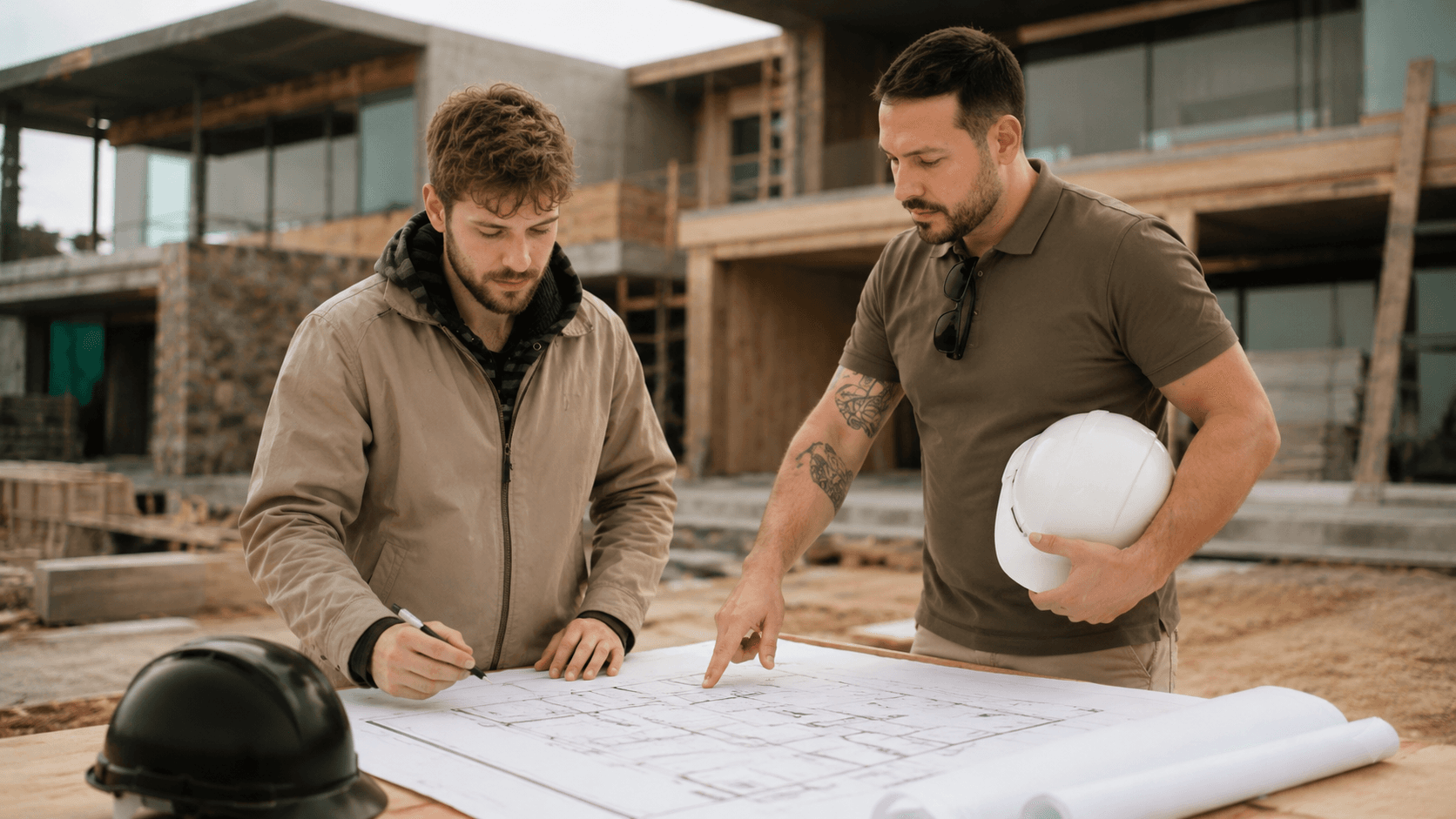 Gustavo Giménez y Fernando Giménez revisando planos de obra